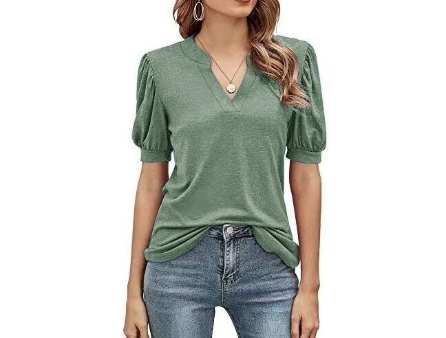 Casual V-neck Solid Color Puff Sleeves T Shirt