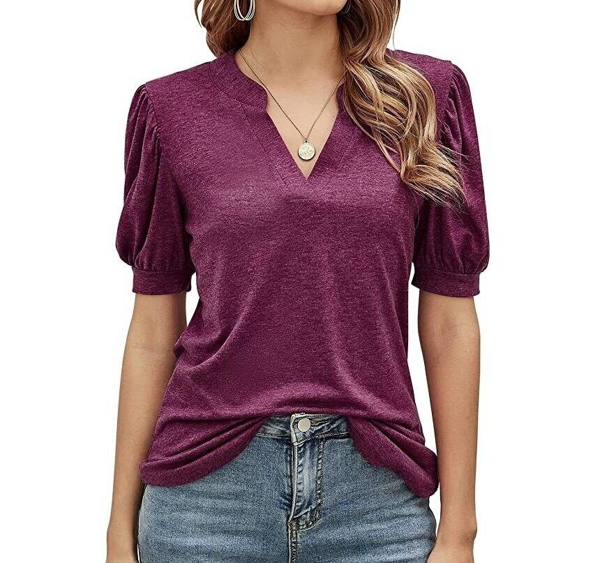 Casual V-neck Solid Color Puff Sleeves T Shirt