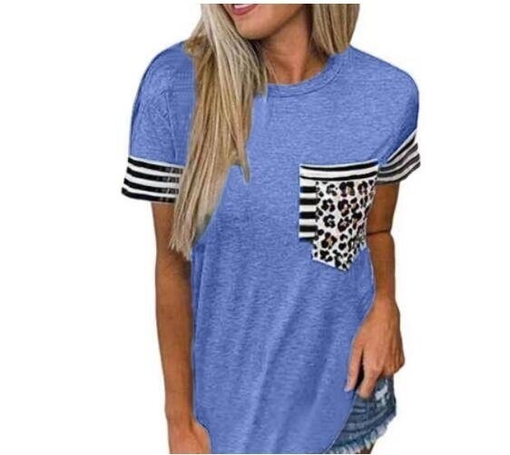 Crew Neck Striped Leopard Print Short Sleeve T-shirt