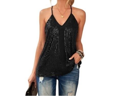 V Neck Sequin Strappy Tank Sleeveless Cami Shirts