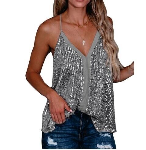 V Neck Sequin Strappy Tank Sleeveless Cami Shirts