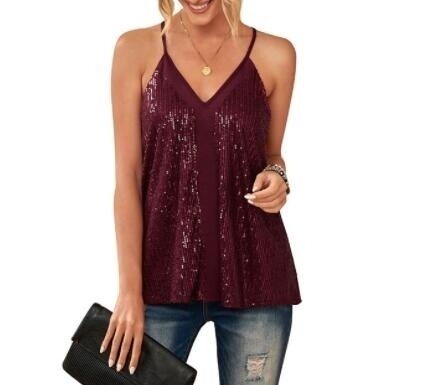 V Neck Sequin Strappy Tank Sleeveless Cami Shirts