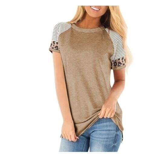 Leopard Patchwork Striped Short Sleeve Top T-Shirt