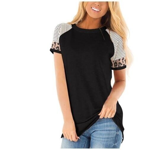 Leopard Patchwork Striped Short Sleeve Top T-Shirt