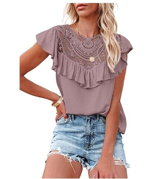 Lace Crochet Tunic Tops Flowy Ruffle Sleeve Shirts Blouses