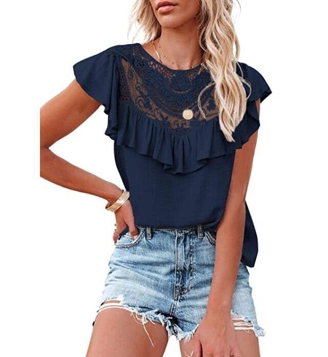 Lace Crochet Tunic Tops Flowy Ruffle Sleeve Shirts Blouses