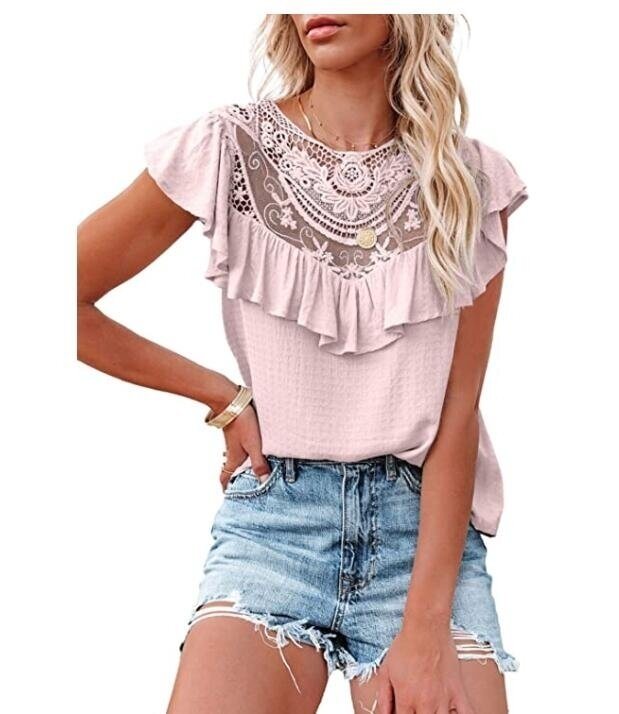 Lace Crochet Tunic Tops Flowy Ruffle Sleeve Shirts Blouses