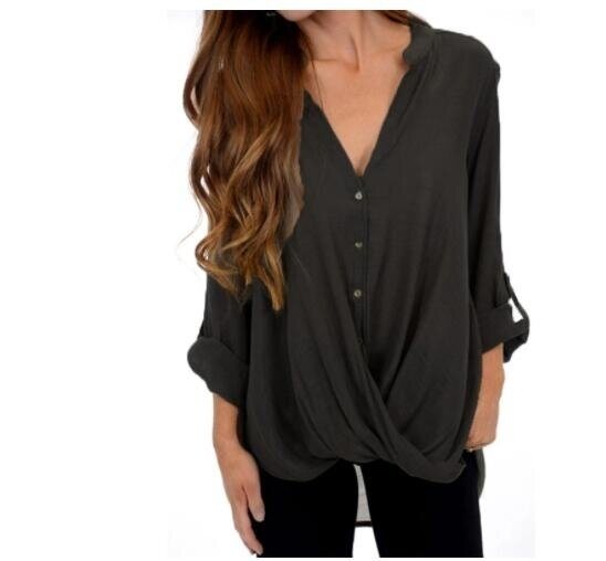 Button Cotton Solid Color Long Sleeve Casual Top