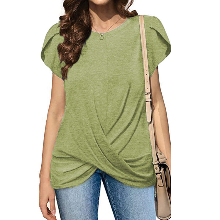 Crew Neck Solid Twist Short Sleeve T-Shirt