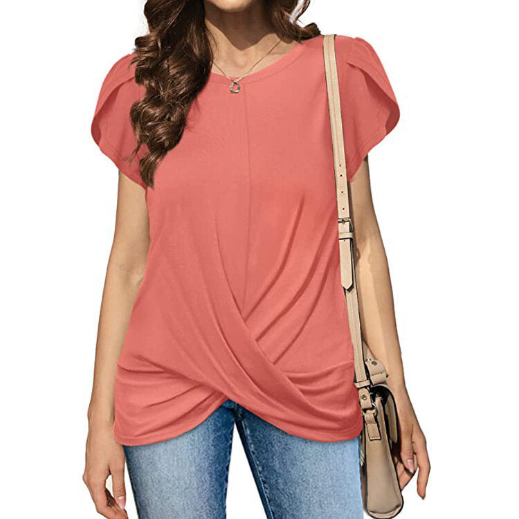 Crew Neck Solid Twist Short Sleeve T-Shirt