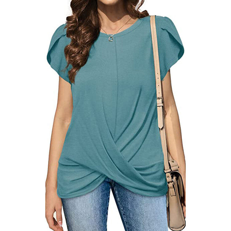 Crew Neck Solid Twist Short Sleeve T-Shirt