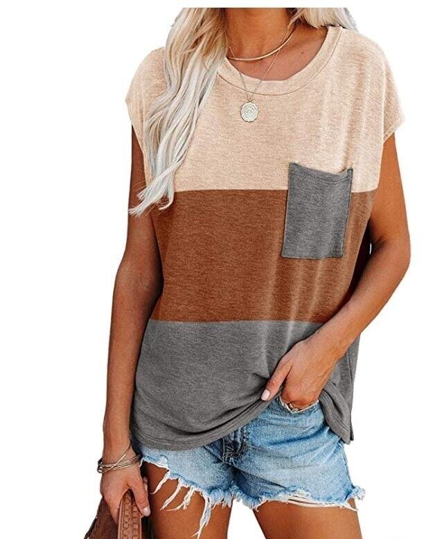 Women Color Block Cap Sleeve T shirts Casual Loose Tee Shirts with Pocket