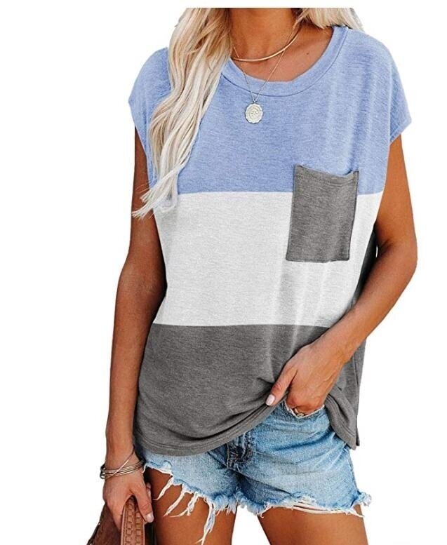 Women Color Block Cap Sleeve T shirts Casual Loose Tee Shirts with Pocket