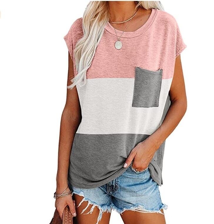 Women Color Block Cap Sleeve T shirts Casual Loose Tee Shirts with Pocket