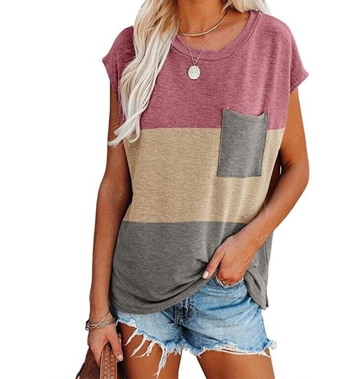 Women Color Block Cap Sleeve T shirts Casual Loose Tee Shirts with Pocket