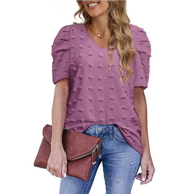 V-Neck Chiffon Puff Sleeve Shirt Short Sleeve Blouse