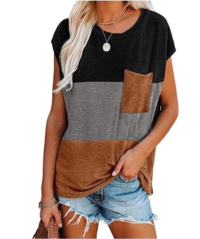 Women Color Block Cap Sleeve T shirts Casual Loose Tee Shirts with Pocket