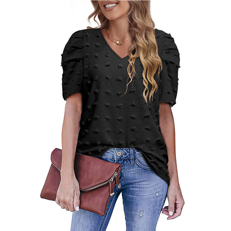 V-Neck Chiffon Puff Sleeve Shirt Short Sleeve Blouse