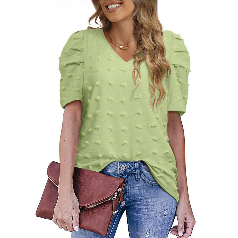 V-Neck Chiffon Puff Sleeve Shirt Short Sleeve Blouse