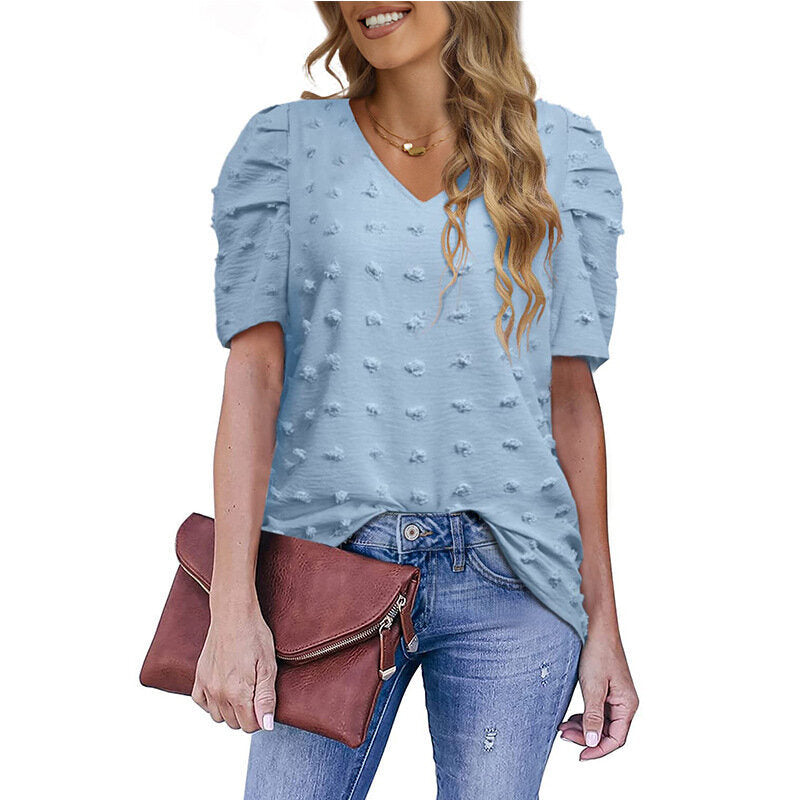 V-Neck Chiffon Puff Sleeve Shirt Short Sleeve Blouse