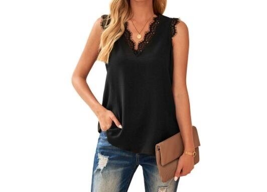 V Neck Lace Trim Tank Tops Sleeveless Blouses Shirts