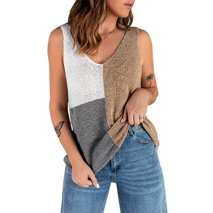 Flowy Tank Tops Color Block Knitted Sleeveless Shirt