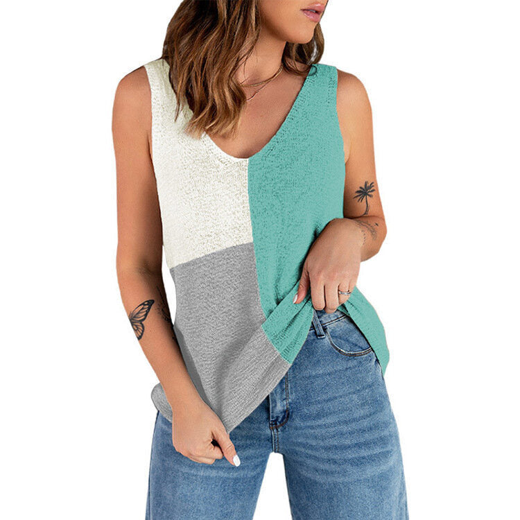 Flowy Tank Tops Color Block Knitted Sleeveless Shirt