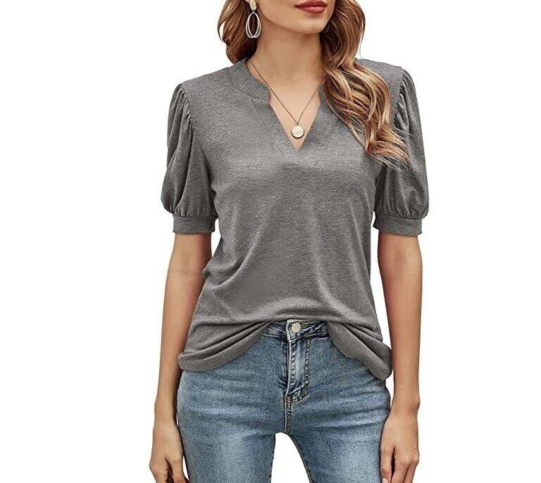 Casual V-neck Solid Color Puff Sleeves T Shirt