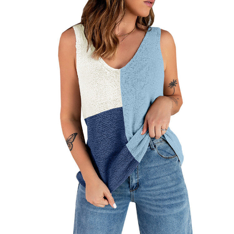 Flowy Tank Tops Color Block Knitted Sleeveless Shirt