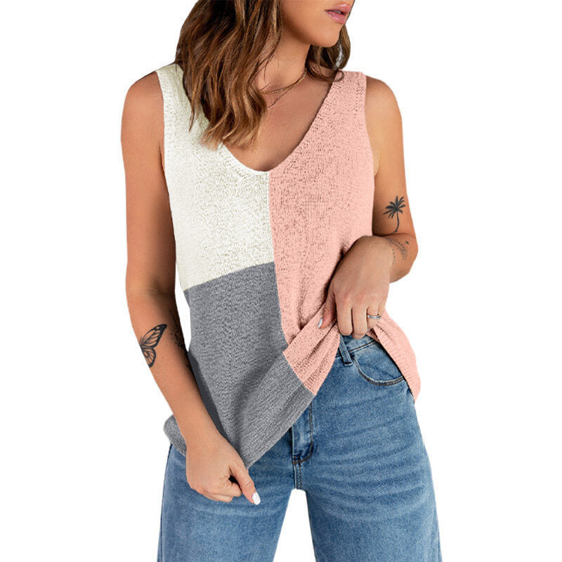 Flowy Tank Tops Color Block Knitted Sleeveless Shirt