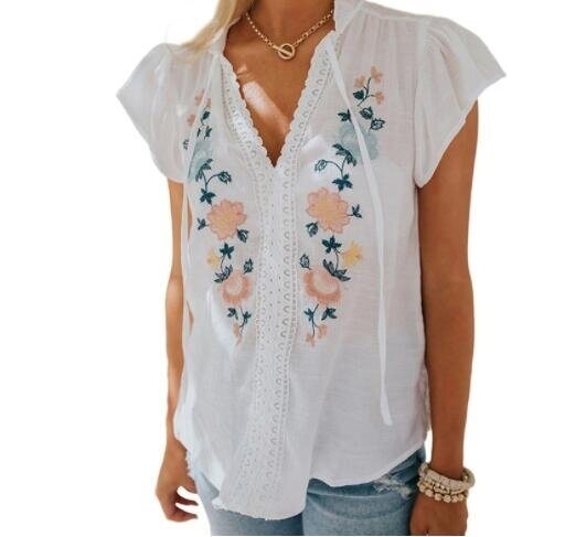 Embroidered Short Sleeve Ruffled Drawstring Shirt