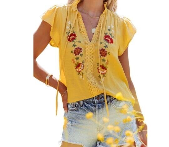 Embroidered Short Sleeve Ruffled Drawstring Shirt