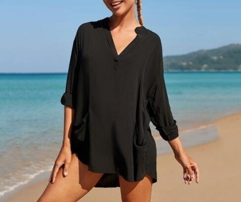 V Neck Cover Up Dress with Roll Sleeves