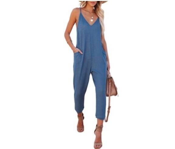 Waffle Solid Color V-Neck Sling Jumpsuit