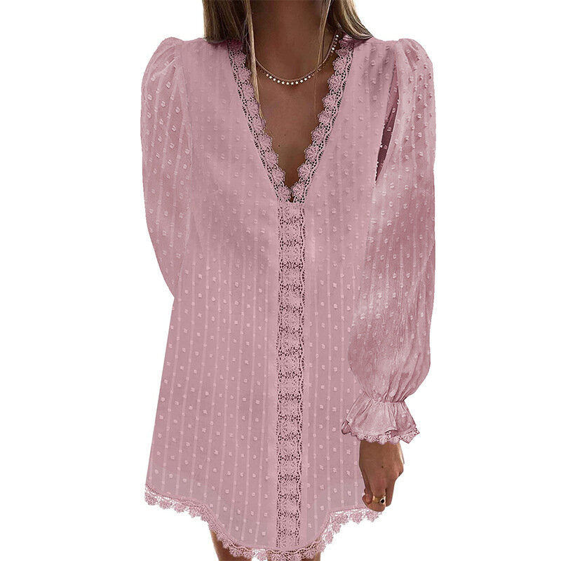 Long Sleeve Double Chiffon Jacquard Lace Dress