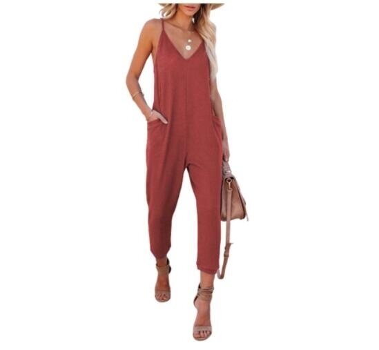 Waffle Solid Color V-Neck Sling Jumpsuit