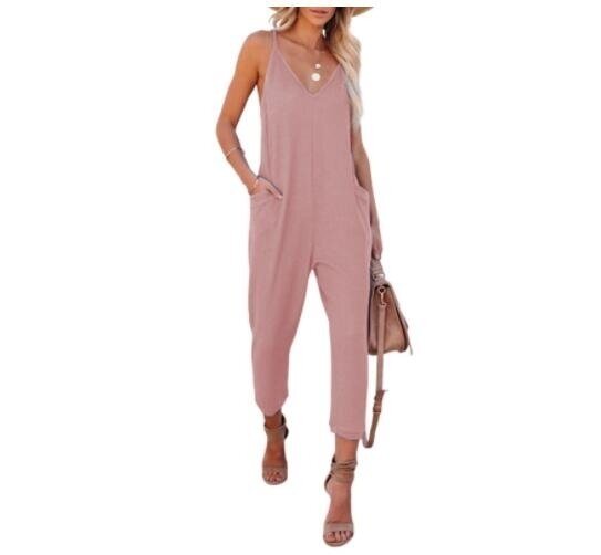 Waffle Solid Color V-Neck Sling Jumpsuit