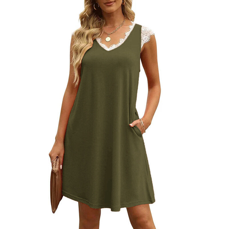 Lace V Neck Knee A-line Dress