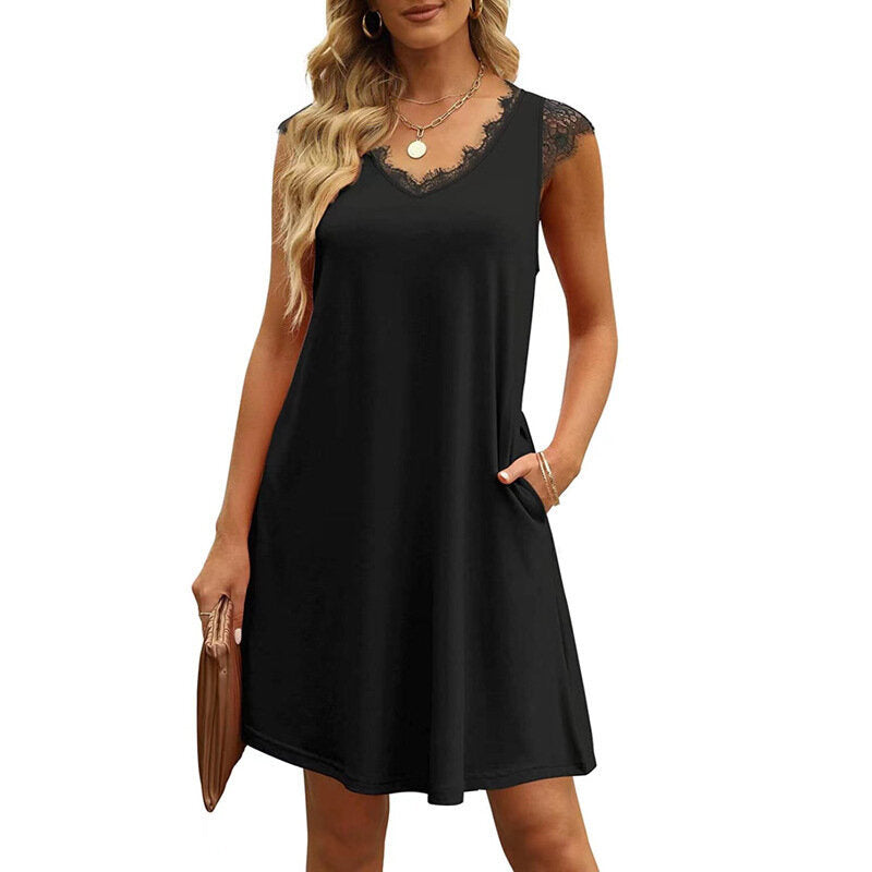 Lace V Neck Knee A-line Dress