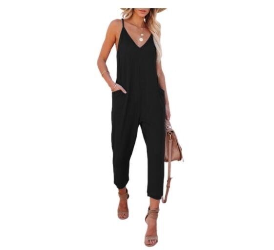 Waffle Solid Color V-Neck Sling Jumpsuit