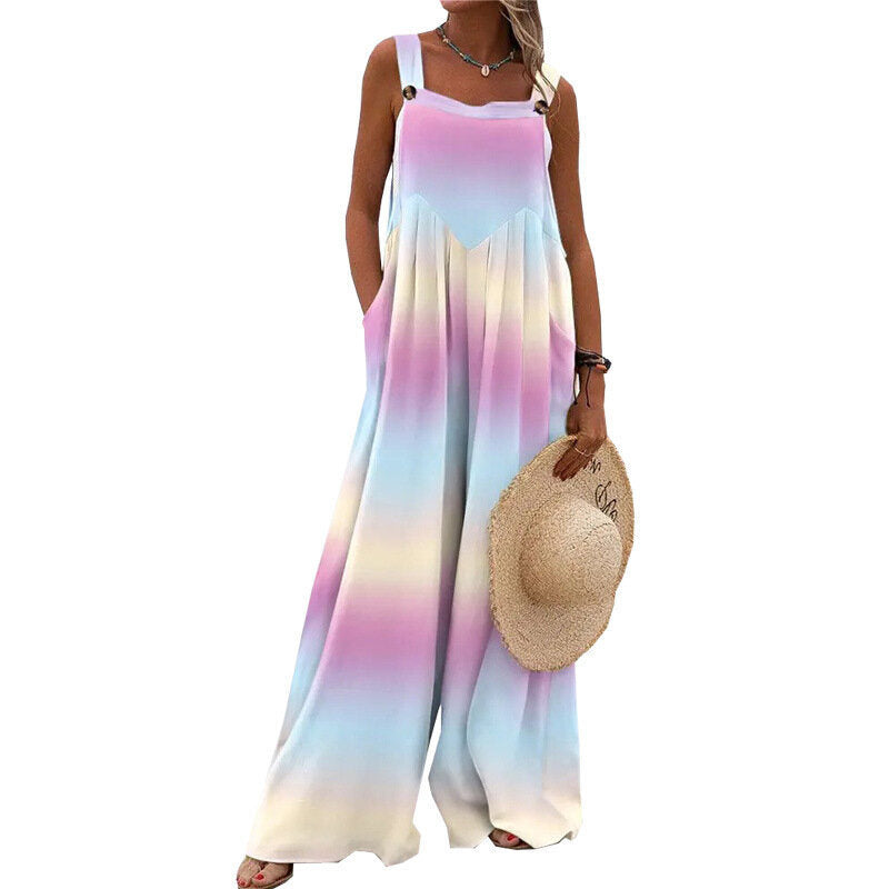 Printed Sleeveless Loose Sling Jumpsuit Wide Leg Pants