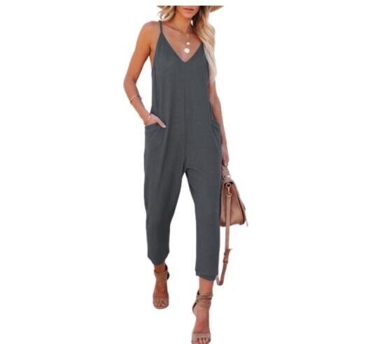 Waffle Solid Color V-Neck Sling Jumpsuit