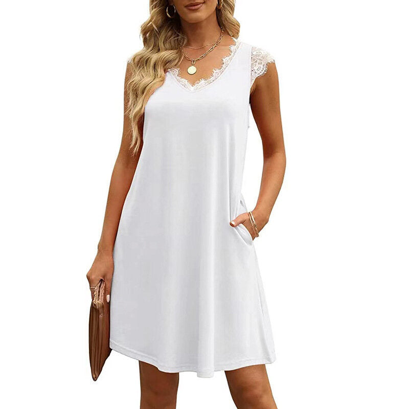 Lace V Neck Knee A-line Dress