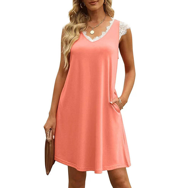 Lace V Neck Knee A-line Dress