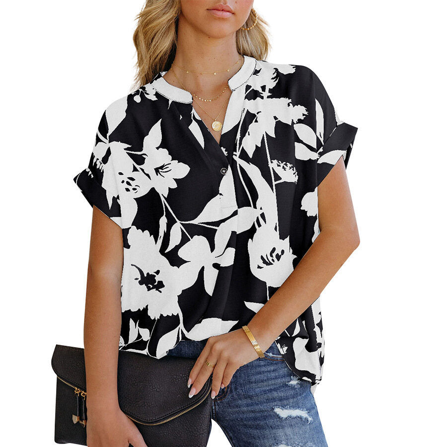 Loose Printed Short Sleeve Button Chiffon Shirt