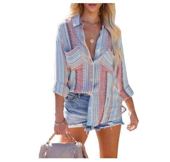 Striped Button Long Sleeve Top Shirt