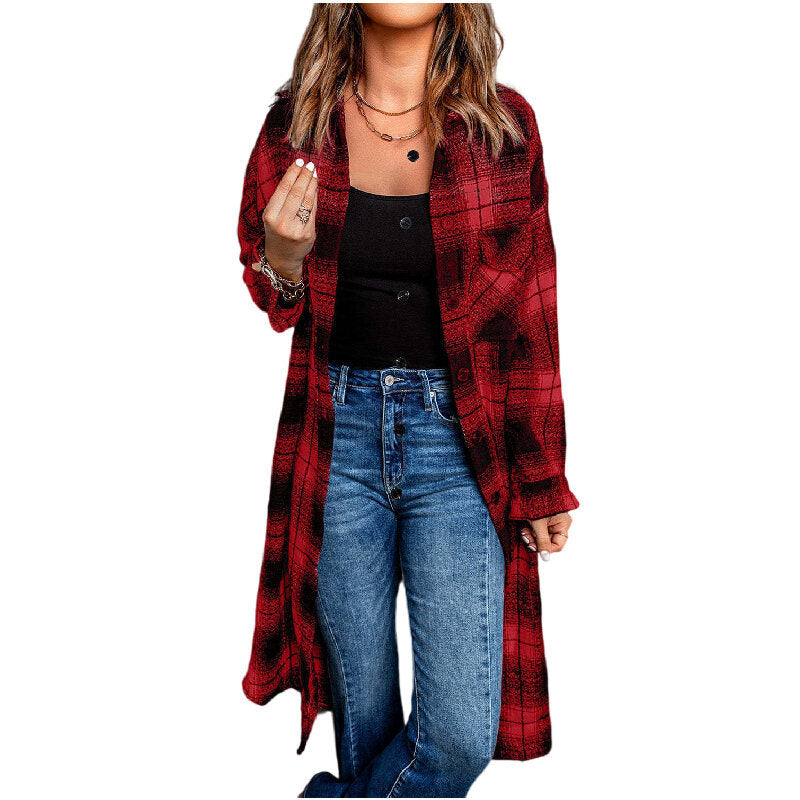 Button Up Long Sleeve Plaid Long Shirt Jacket Shacket