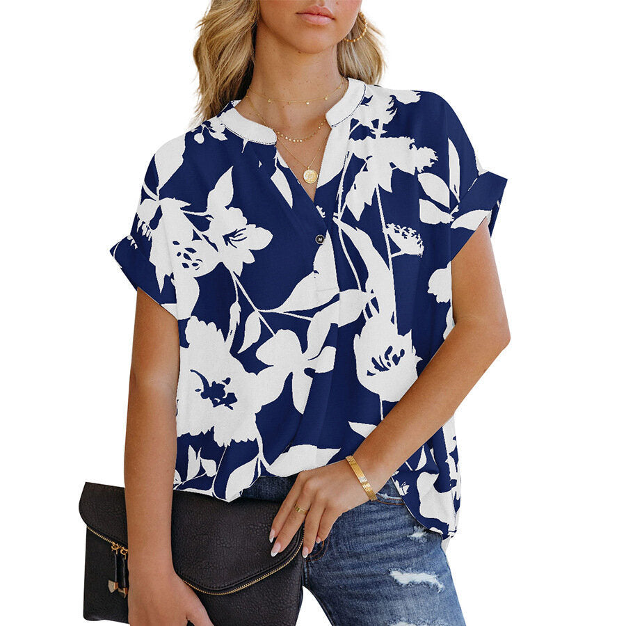 Loose Printed Short Sleeve Button Chiffon Shirt