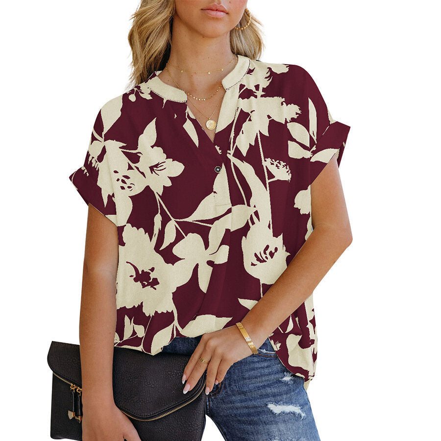 Loose Printed Short Sleeve Button Chiffon Shirt