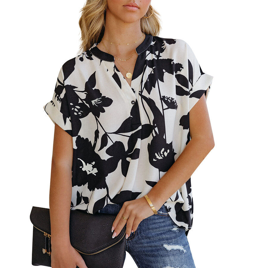 Loose Printed Short Sleeve Button Chiffon Shirt